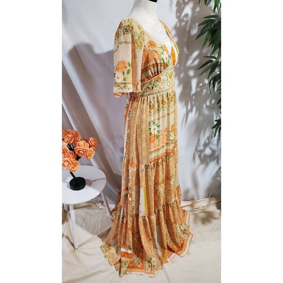 Flying Tomato Floral Bandana Print Tiered Maxi Dress L Cottage Prairie Country - Picture 4 of 11